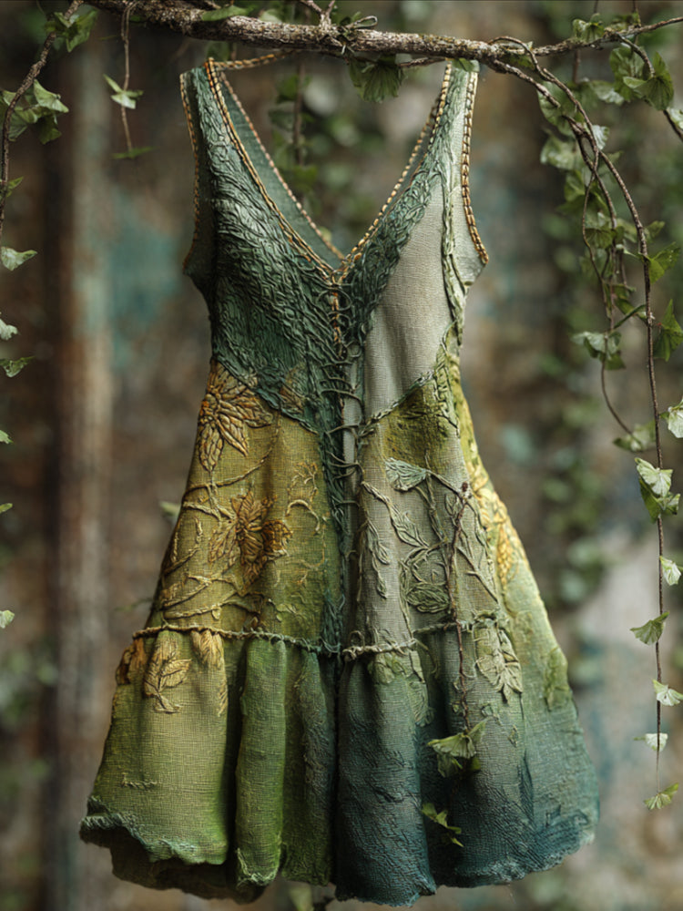 Bohemian Style Vines Embroidery V-neck Sleeveless Green A-line Skirt artswardrobe