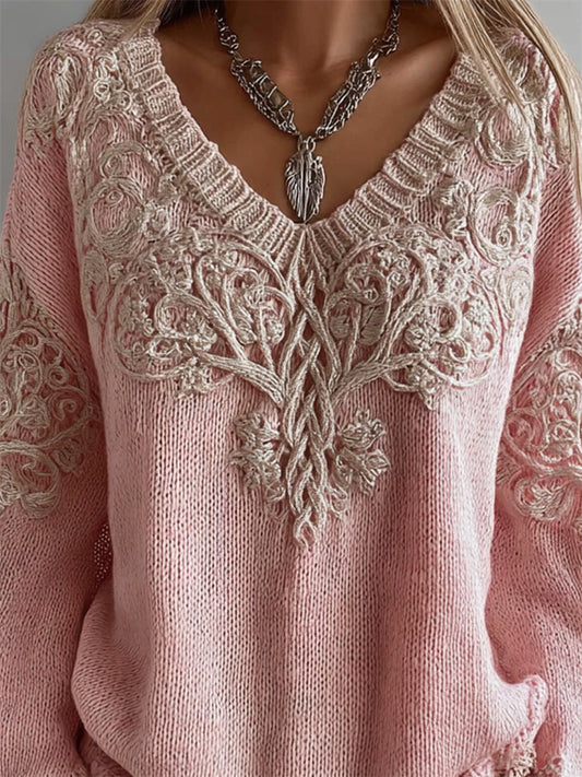 Vintage Pink Tree Of Life V Neck Cozy Knit Sweater artswardrobe
