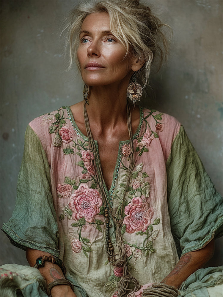 Vintage Pink Roses Embroidered Gradient Linen Shirt artswardrobe