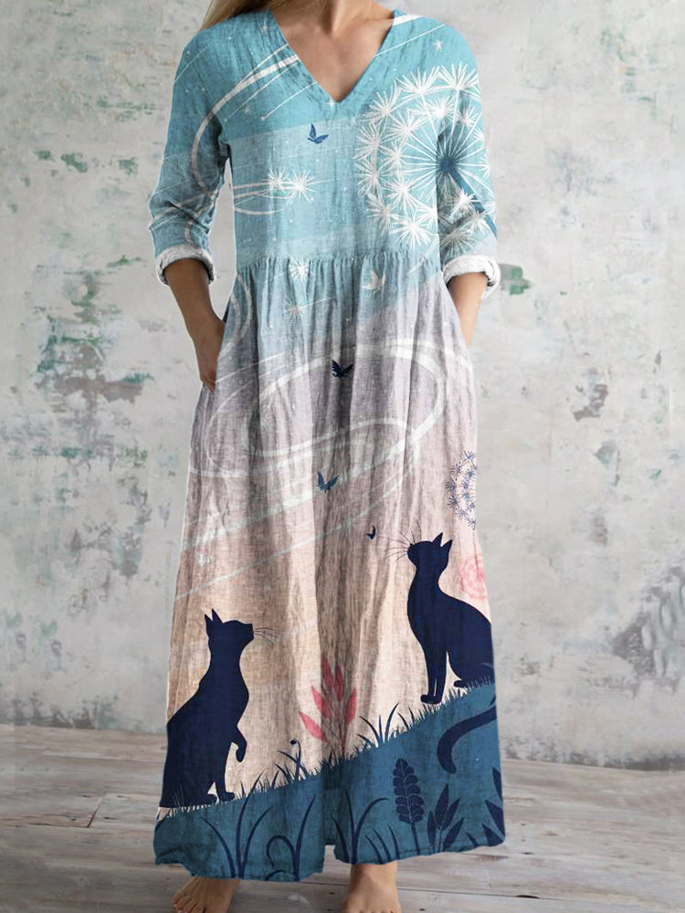 Comstylish Butterfly & Cat Element Printed Women's V-neck Linen Maxi Dress
