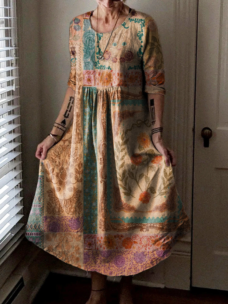 Women's Bohemian Ethnic Collage Art Print Pocket Cotton Dress