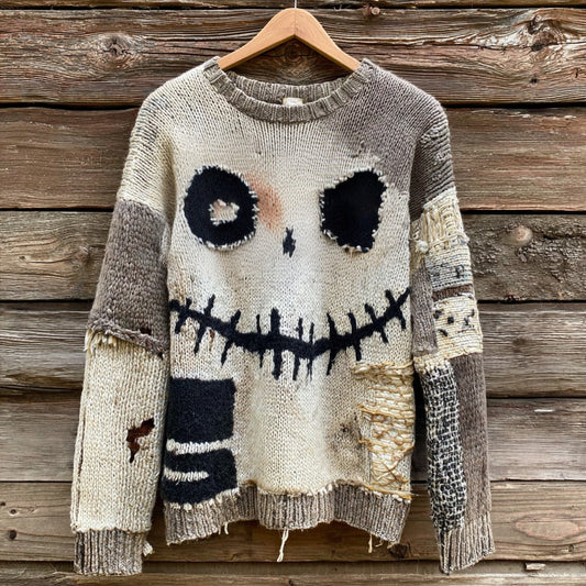 Halloween Spooky Face Contrast Stitched Cozy Knit Sweater elevenforest