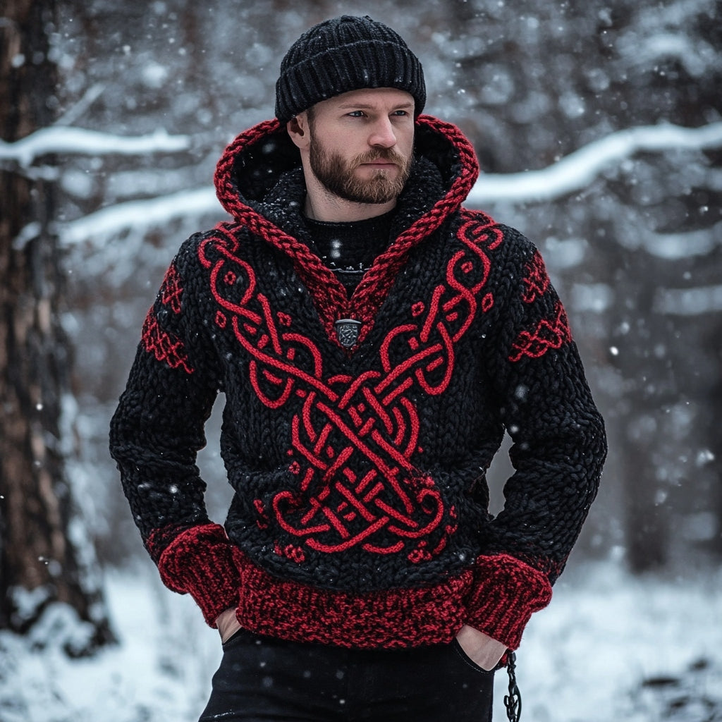 Viking Celtic Knot Pattern Knit Hooded Sweater elevenforest