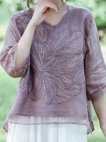 Comstylish Women's Floral Embroidery Linen Blend V-Neck Shirt