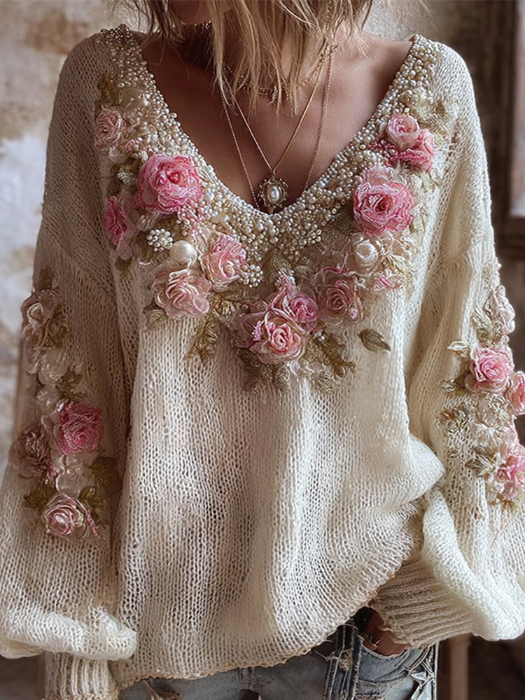 Boho Floral Pearl Embellished Embroidered Vintage Women's V-neck Sweater elevenforest