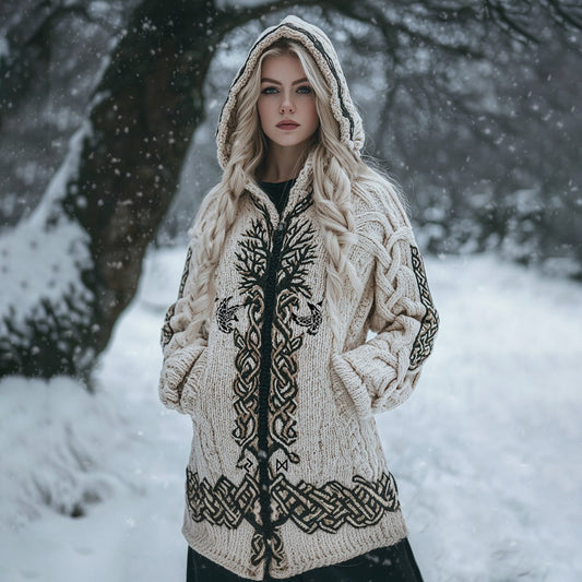 Women's Viking Tribal Tree Of Life Celtic Mythology Chunky Knit Zipper Hooded Cardigan artswardrobe