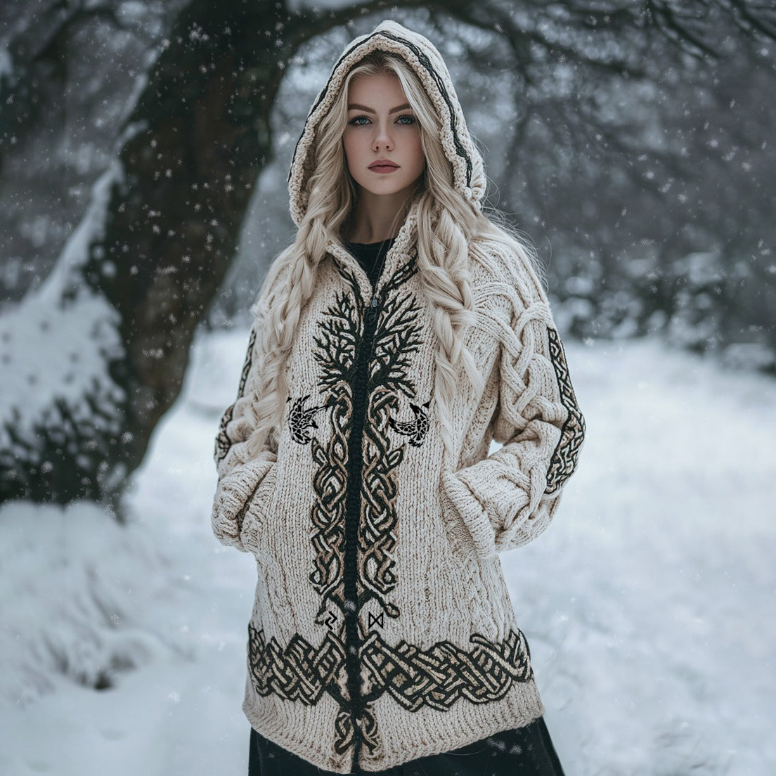 Women's Viking Tribal Tree Of Life Celtic Mythology Chunky Knit Zipper Hooded Cardigan elevenforest