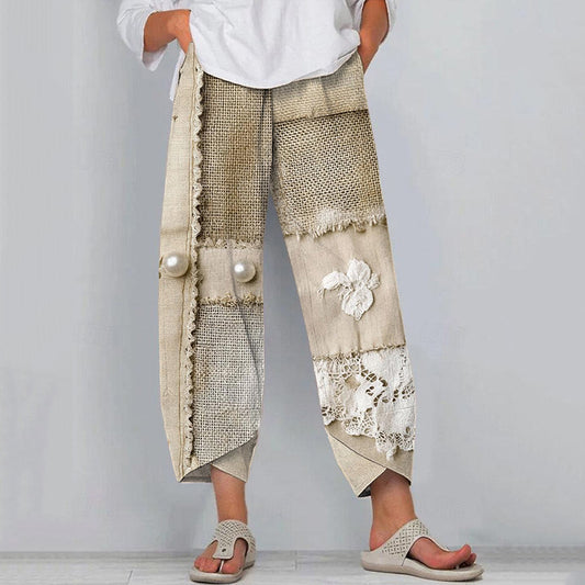 Lace Patchwork Pearl Embroidered Linen Blend Pants artswardrobe
