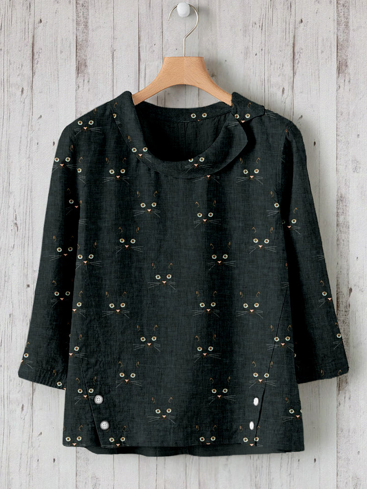 Comstylish Cute Cat Face Pattern Linen Blend Cozy Tunic