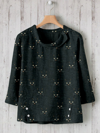 Comstylish Cute Cat Face Pattern Linen Blend Cozy Tunic