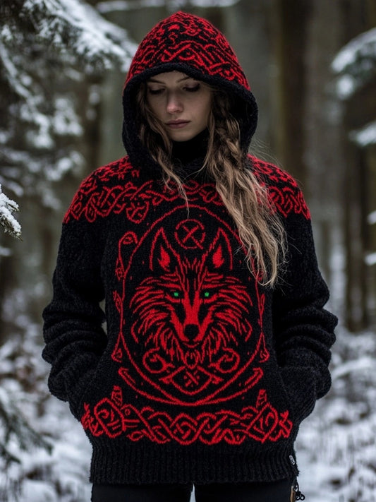 Viking Wolf Inspired Celtic Jacquard Cozy Hooded Sweater elevenforest
