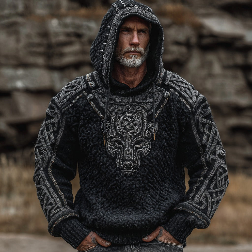 Men's Viking Wolf Celtic Jacquard Art Hooded Cozy Sweater artswardrobe