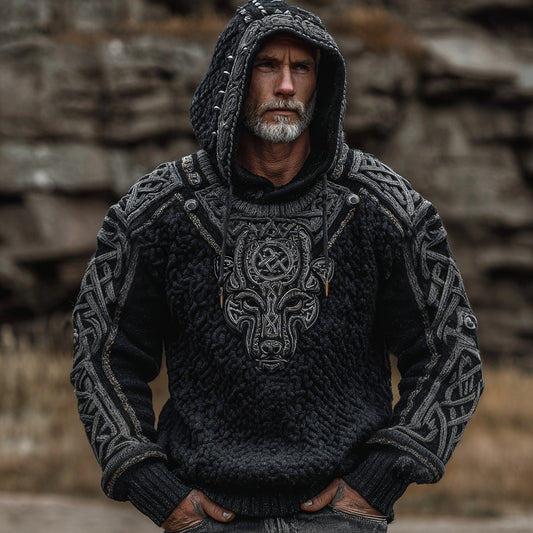Men's Viking Wolf Celtic Jacquard Art Hooded Cozy Sweater artswardrobe