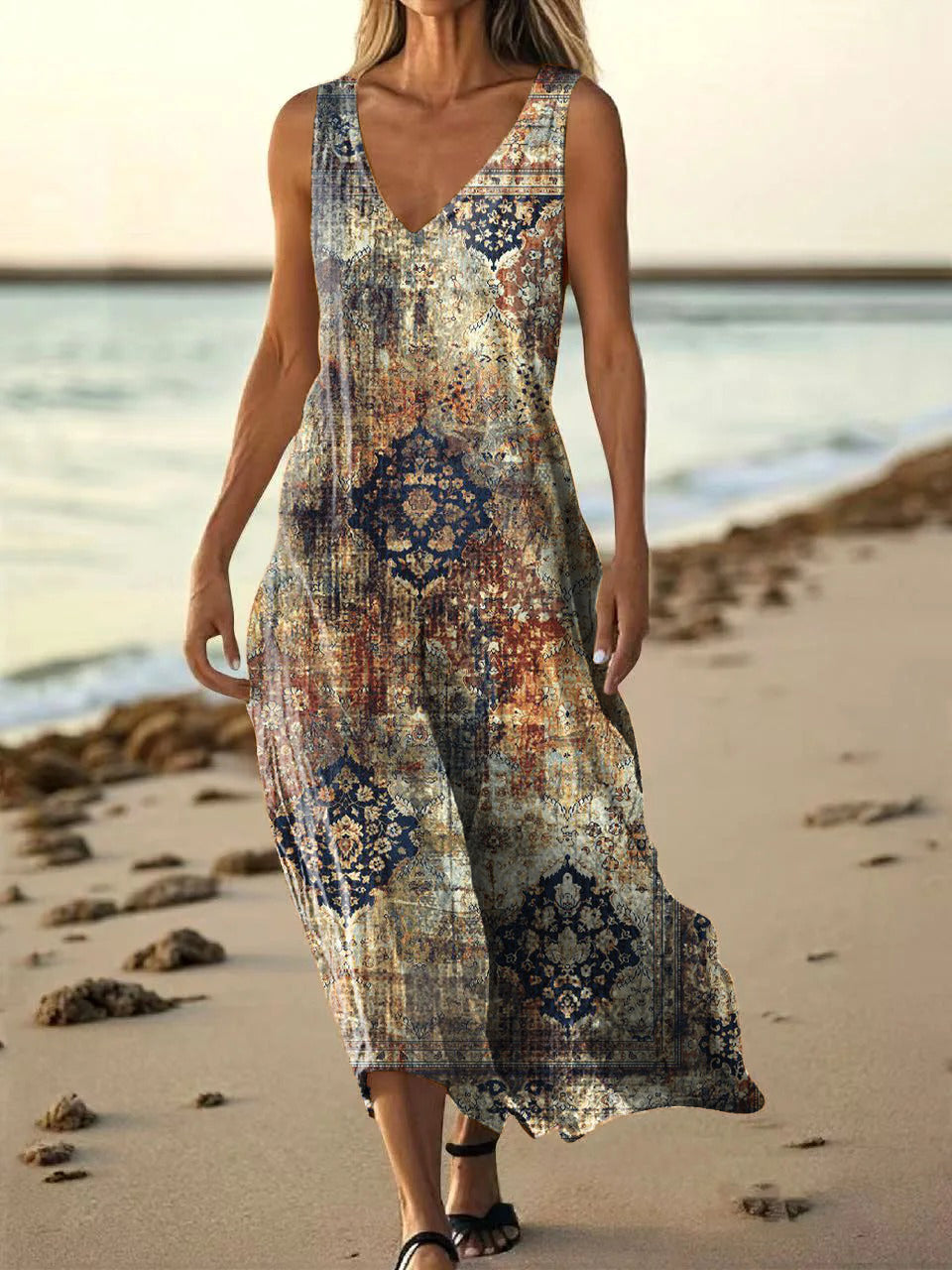 Women's Vintage Ethnic Floral Art Print Pocket Cotton Dress