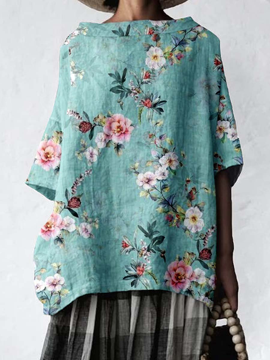 Women's Elegant Floral Round Neck Cotton and Linen Top