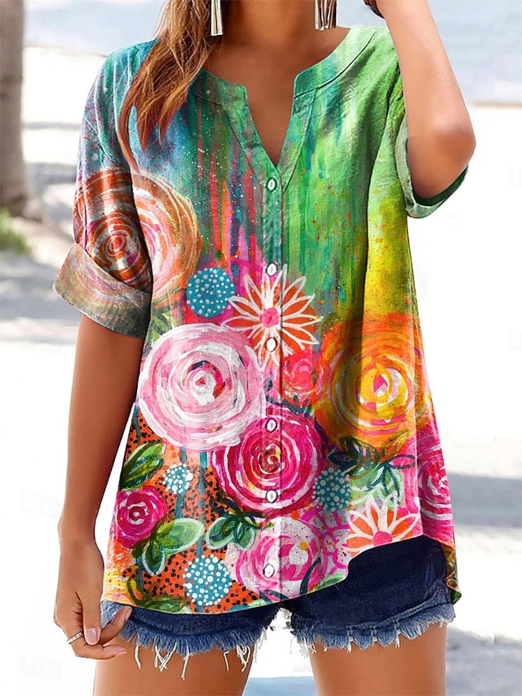 Women's Floral Pattern Art Print Casual Cotton Linen Short Sleeve Shir