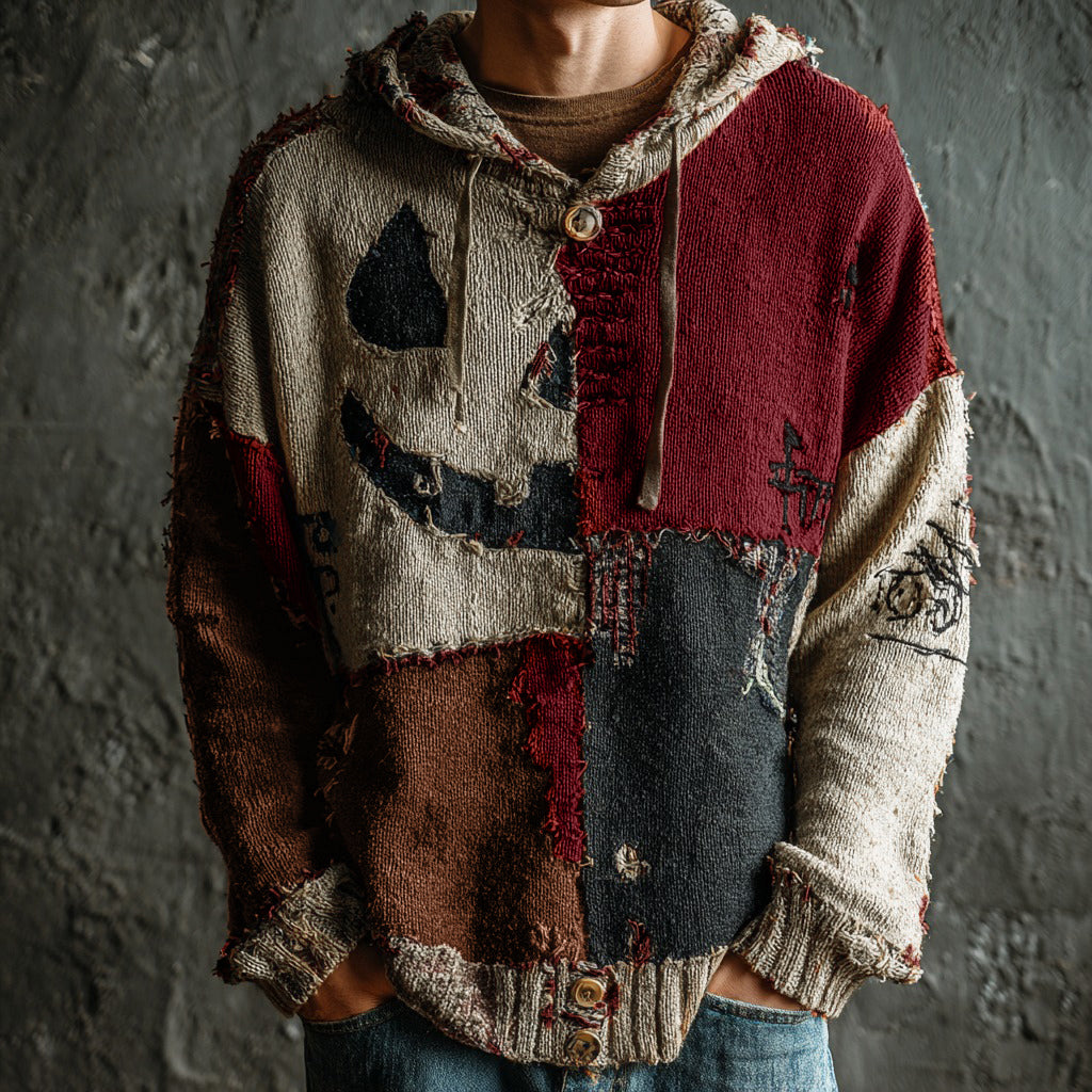 Men's Halloween Pumpkin Face Colorblock Stitched Cozy Knit Hooded Sweater elevenforest