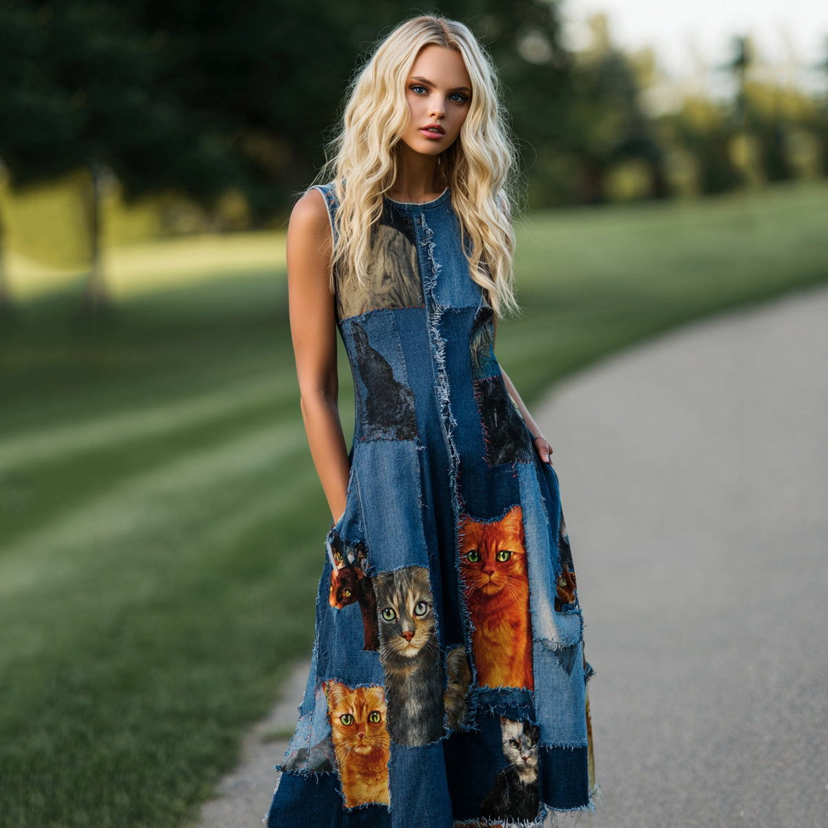 Women's Patchwork Cat Design Midi Dress elevenforest