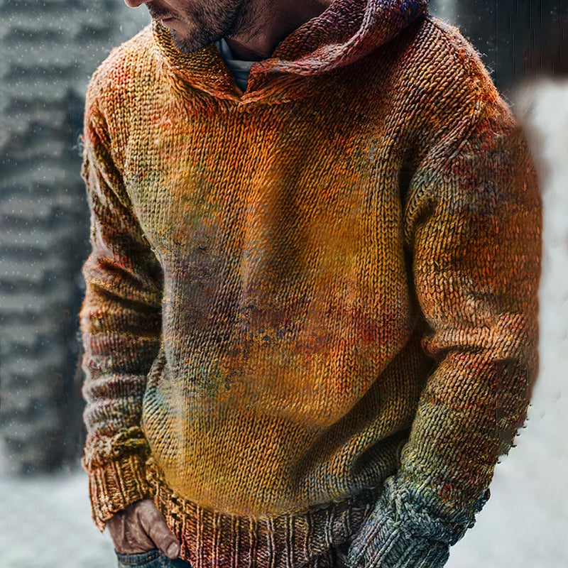 Retro Gradient Art Print Casual Knitted Hoodie Sweater artswardrobe