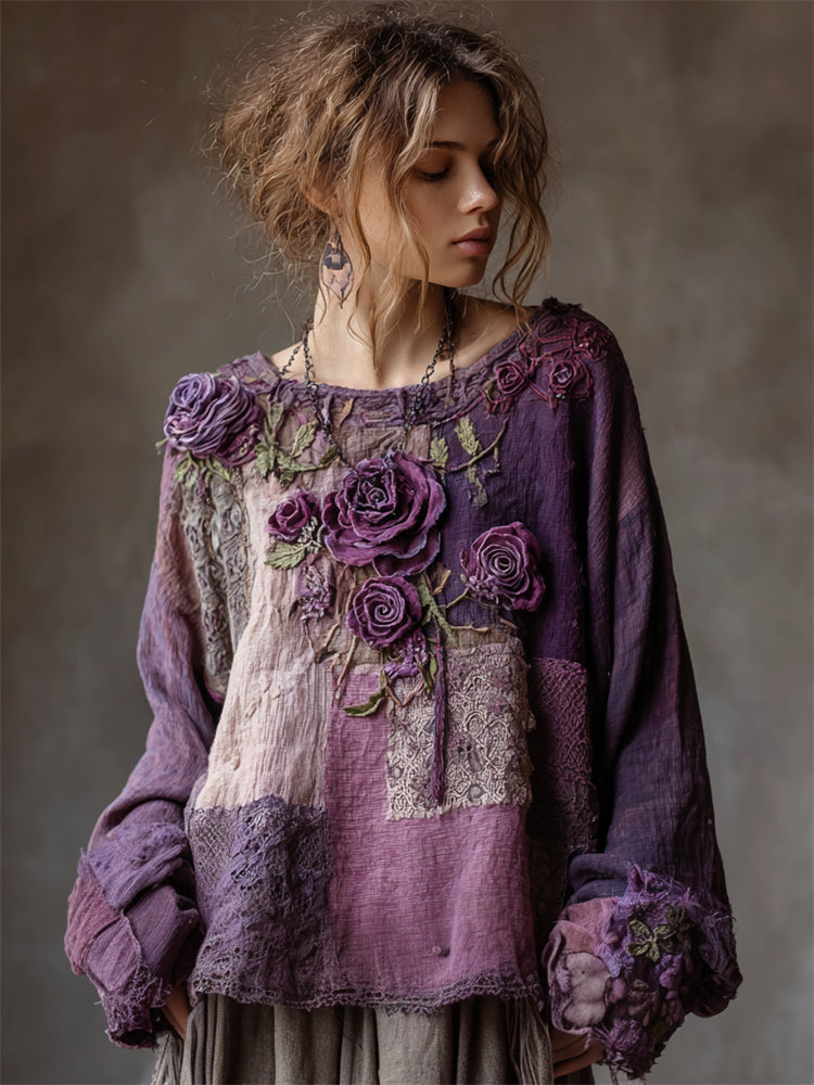 Vintage Purple Roses Boho Lace Patchwork Linen Tunic artswardrobe