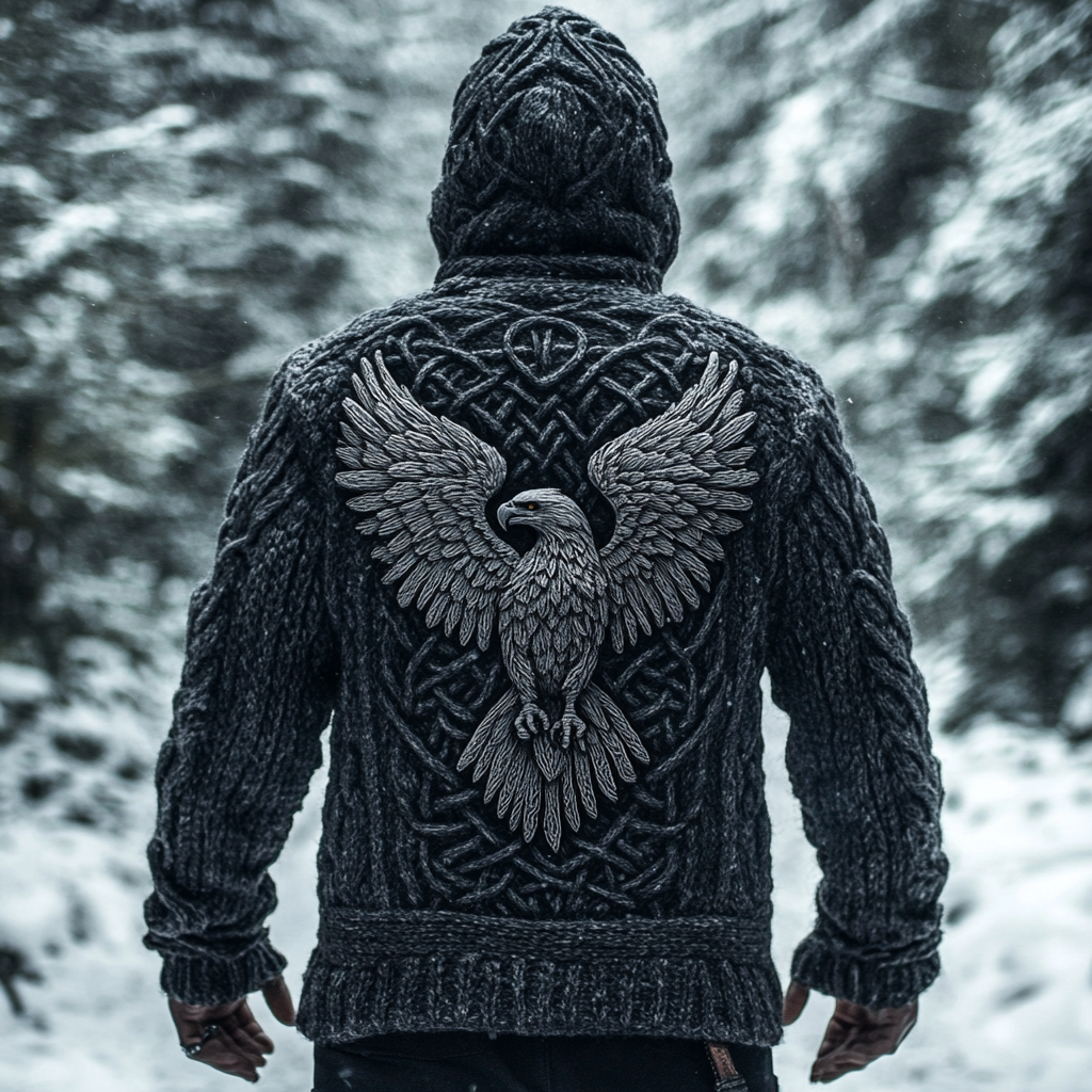 Men's Viking Tribal Eagle Celtic Chunky Knit Zip Up Cardigan Sweater artswardrobe