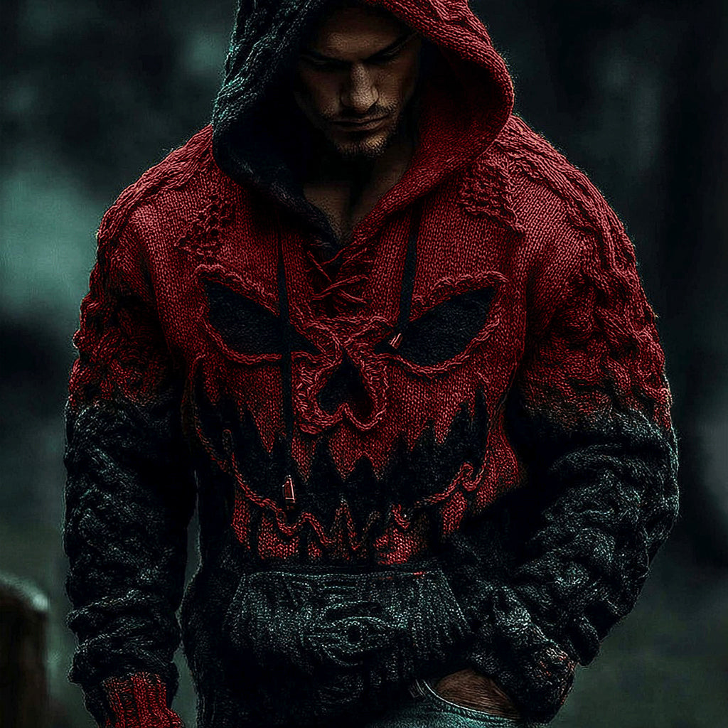 Men's Halloween Pumpkin Face Gradient Jacquard Knit Hooded Sweater artswardrobe