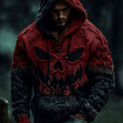 Men's Halloween Pumpkin Face Gradient Jacquard Knit Hooded Sweater artswardrobe