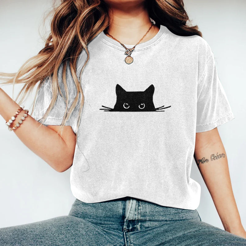Comstylish Abstract Creative Embroidered Black Cat Art Print T-shirt