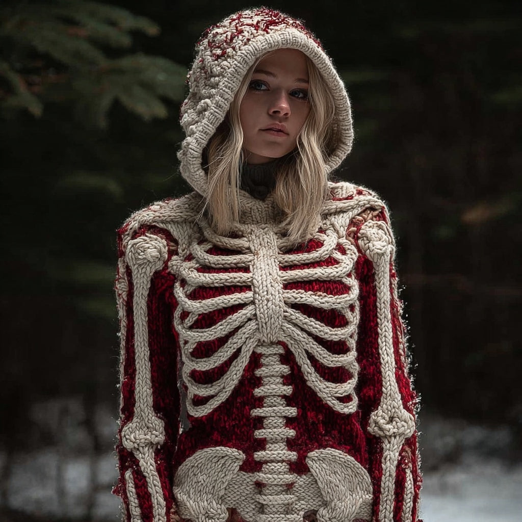 Vintage Skeleton Halloween Inspired Chunky Knit Hooded Sweater artswardrobe