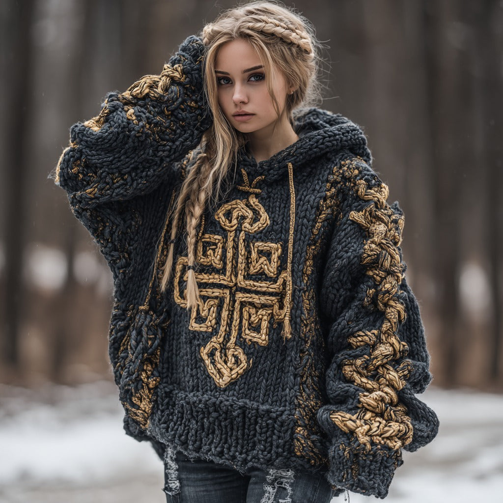 Women's Viking Celtic Knot Rune Knit Jacquard Comfortable Warm Hooded Sweater artswardrobe