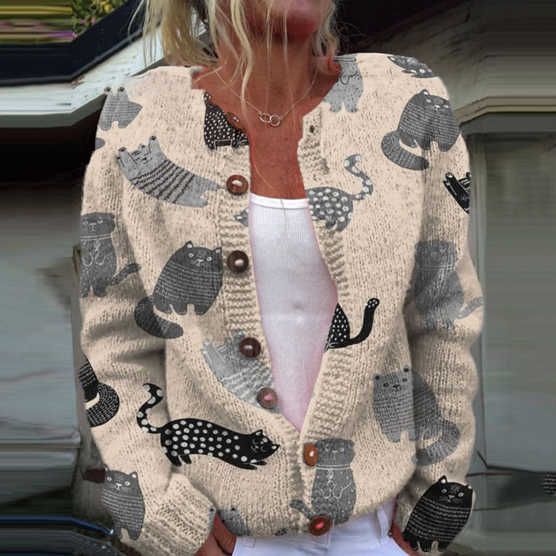 Cute Cat Print Long Sleeve Casual Knitted Cardigan elevenforest