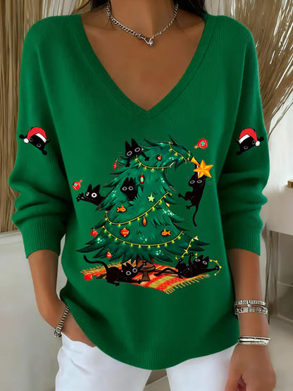 Women's Christmas Funny Cat Printed Tops artswardrobe