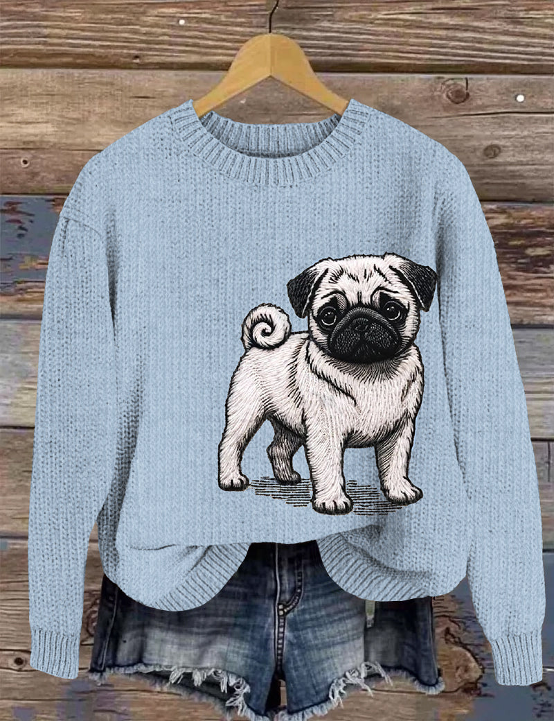 Comstylish Cute Pug Embroidery Art Women's Cozy Sweater
