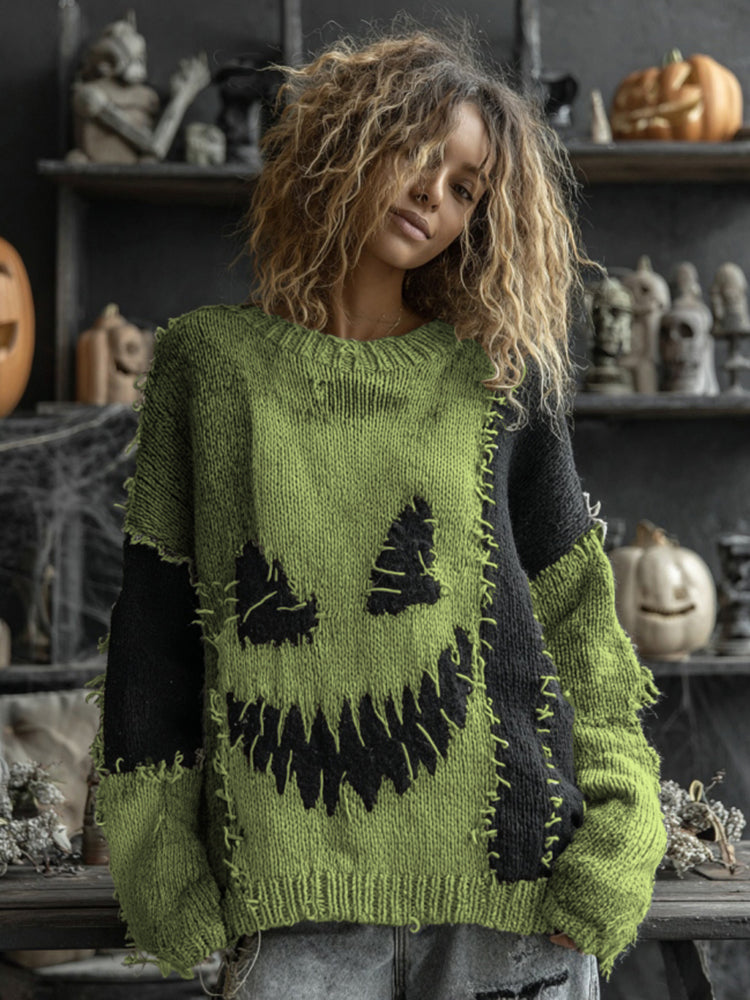 Halloween Spooky Face Contrast Stitched Cozy Knit Sweater artswardrobe