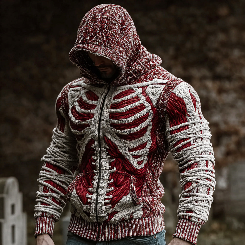 Halloween Bloody Skeleton Bandage Art Men's Knit Hooded Zip-up Sweater artswardrobe