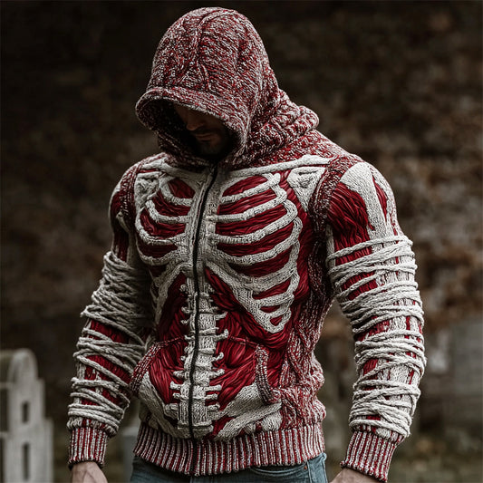Halloween Bloody Skeleton Bandage Art Men's Knit Hooded Zip-up Sweater artswardrobe
