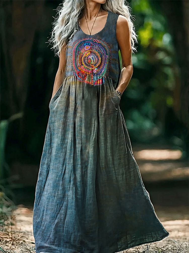 Women's Irregular Circle Pattern Art Print Round Neck Sleeveless Cotto