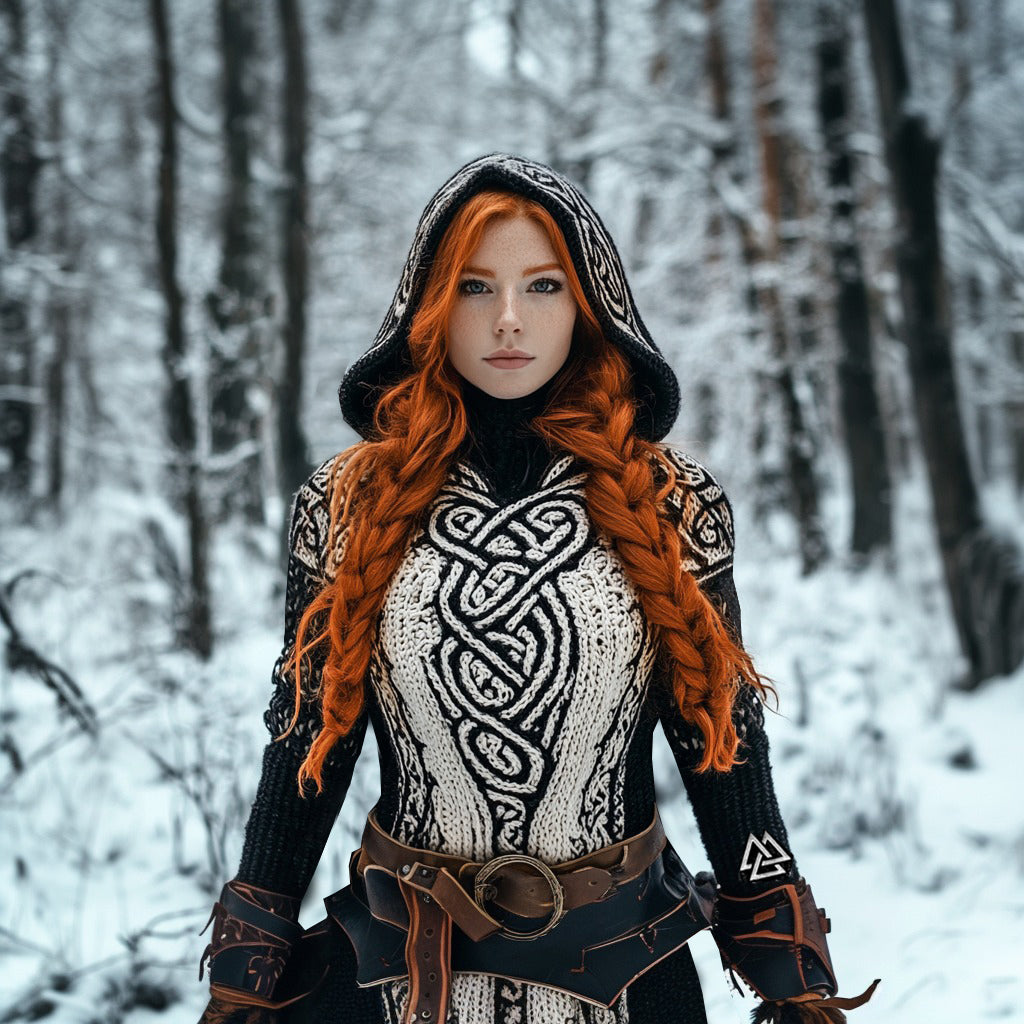 Viking Runes Inspired Celtic Knot Jacquard Chunky Hooded Sweater（accessories Not Included） elevenforest