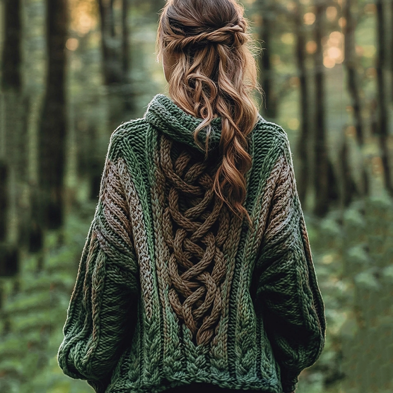 Women's Gradient Celtic Knot Retro Chunky Knit Hooded Cardigan elevenforest