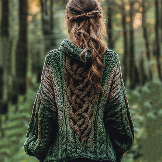 Women's Gradient Celtic Knot Retro Chunky Knit Hooded Cardigan elevenforest