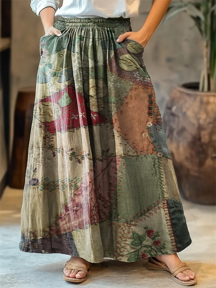Retro Patchwork Print Women's Cotton Skirt artswardrobe