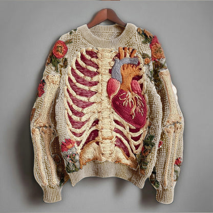Vintage Halloween Human Anatomy Art And Floral Round Neck Sweater artswardrobe