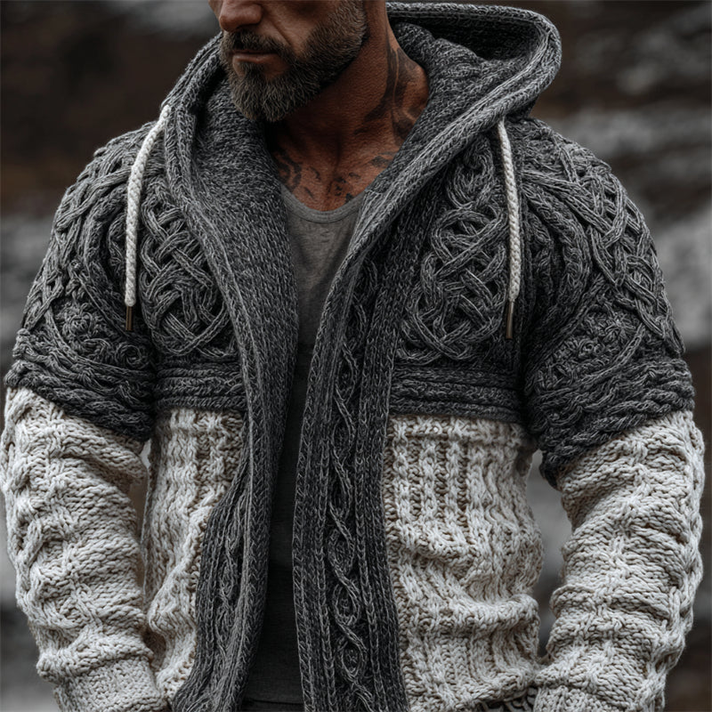 Men's Viking Celtic Knot Contrast Chunky Cozy Hooded Cardigan artswardrobe