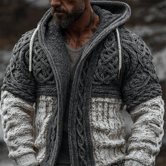 Men's Viking Celtic Knot Contrast Chunky Cozy Hooded Cardigan artswardrobe