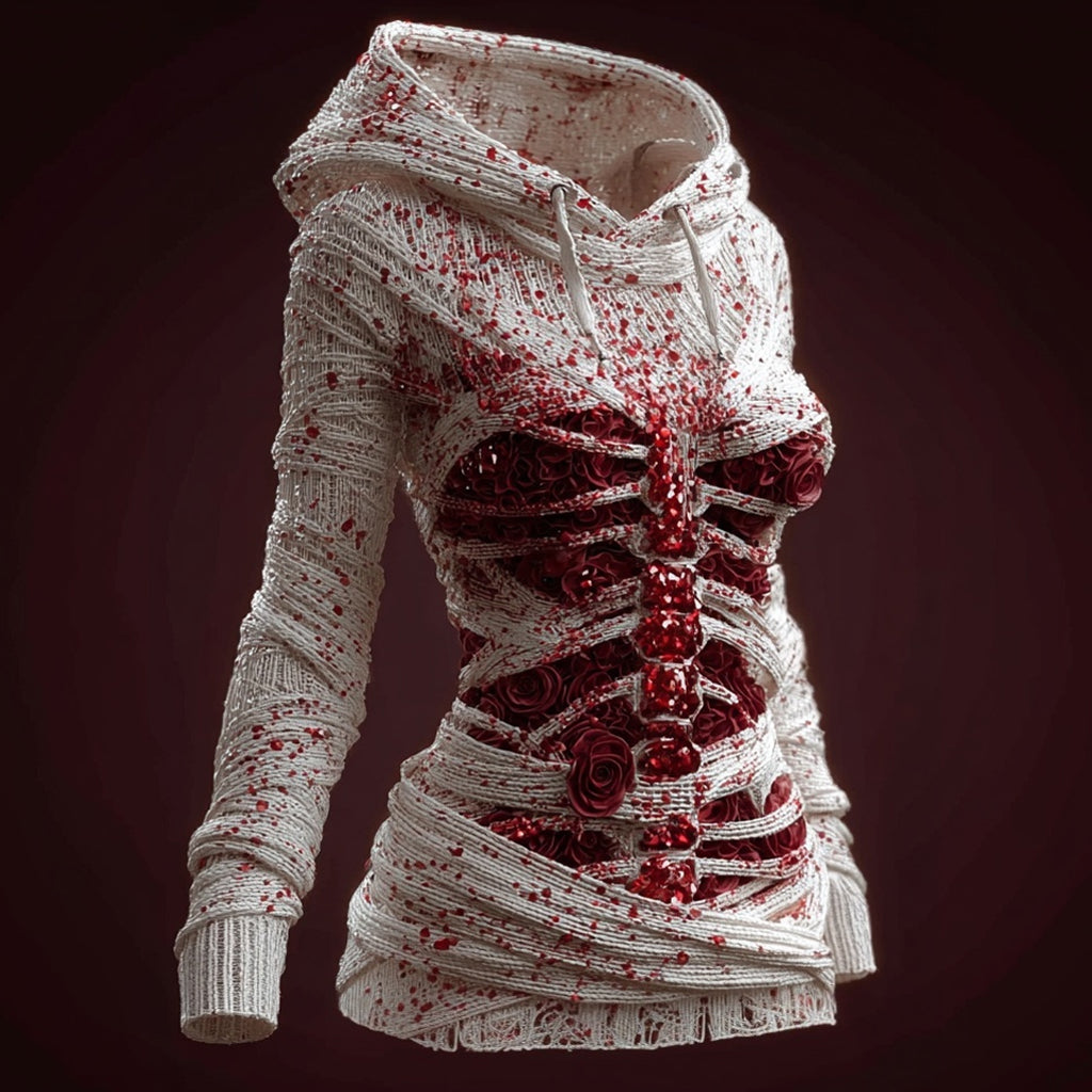 Classy Skeleton Bloody Roses Bandages Hooded Sweater artswardrobe