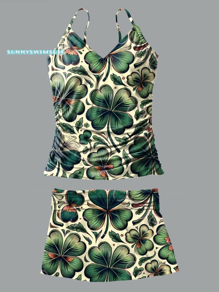 V-Neck Vintage Four Leaf Clover Print Suspender Skirt Tankini Pantskirt Set Swimsuit