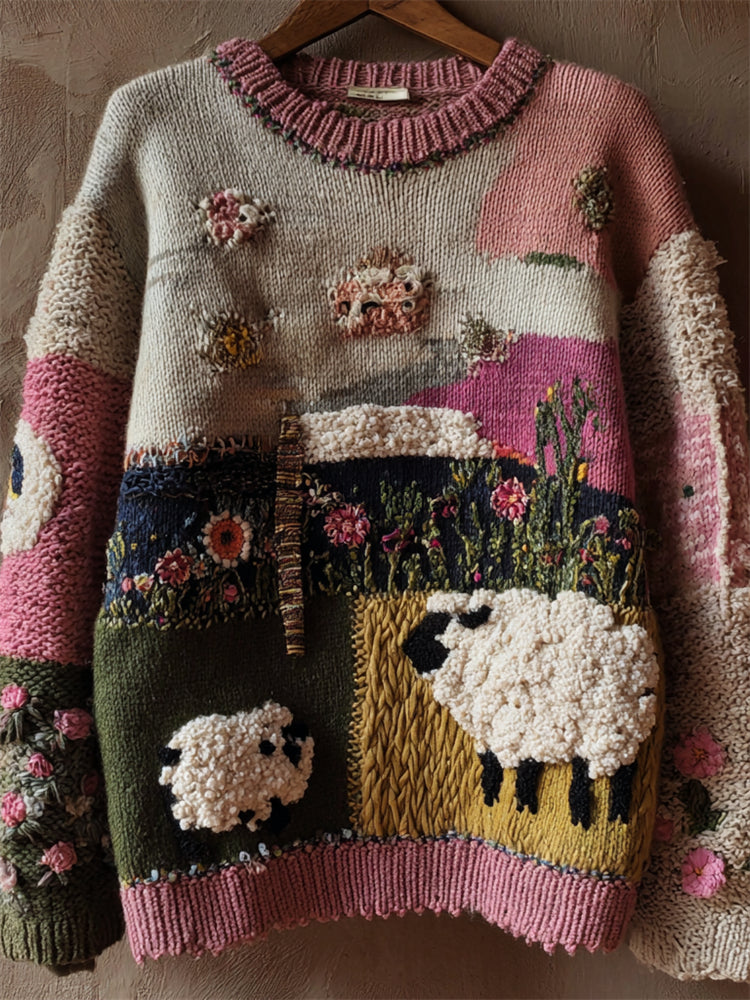 Vintage Farm Sheep Floral Colorblock Cozy Knit Sweater artswardrobe