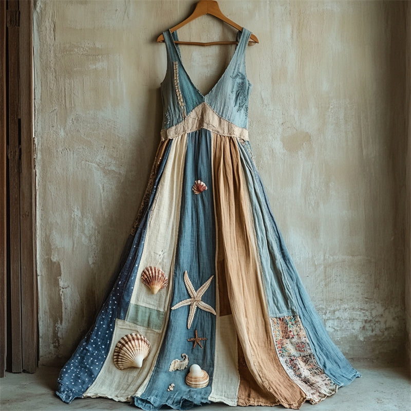 Boho Starfish & Sea Shells Patchwork Linen Maxi Dress artswardrobe