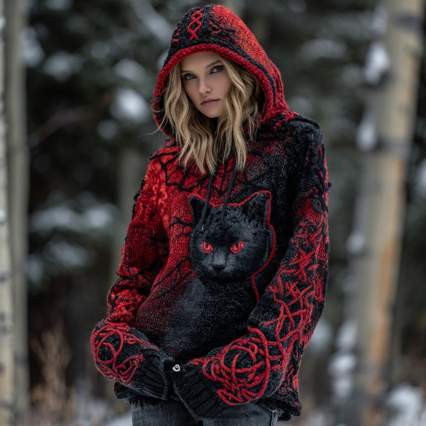 Women's Tribal Black Cat Gradient Art Chunky Knit Hooded Sweater artswardrobe