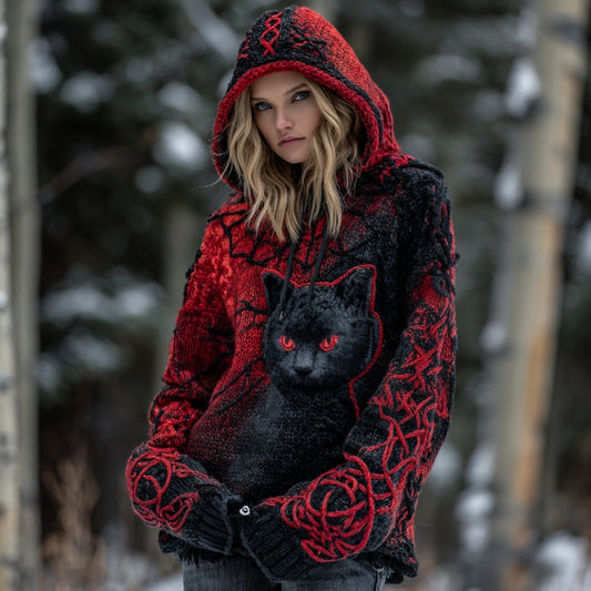 Women's Tribal Black Cat Gradient Art Chunky Knit Hooded Sweater artswardrobe